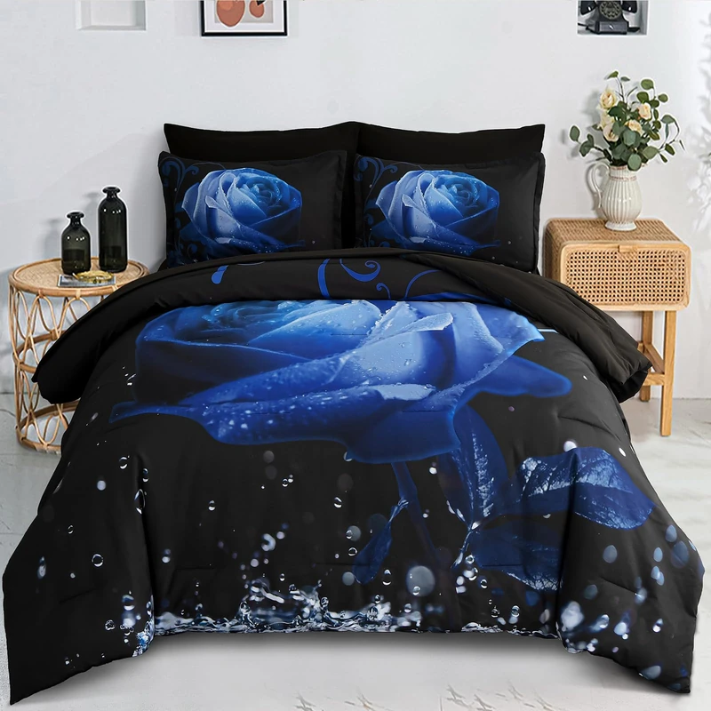 Floral Comforter King Blue Bed in a Bag Rose Water Droplets Design 7PCs Comforter Set Soft Micorfiber Bedding Set (1 Comforter,2 Pillow Shams,1 Flat Sheet,1 Fitted Sheet,2 Pillowcases)