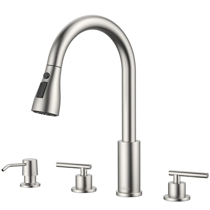 APPASO 2 Handle Kitchen Faucet, 3 Hole Kitchen Sink Faucet with Soap Dispenser, High Arc Brushed Nickel Stainless Steel 4 Hole Faucet for Kitchen Sink