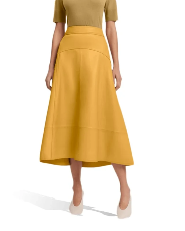Jild Real Lambskin Leather Skirts for Women High Waist Classical Mid Length Going Out Skirt with Stylish Patchwork, Yellow, S