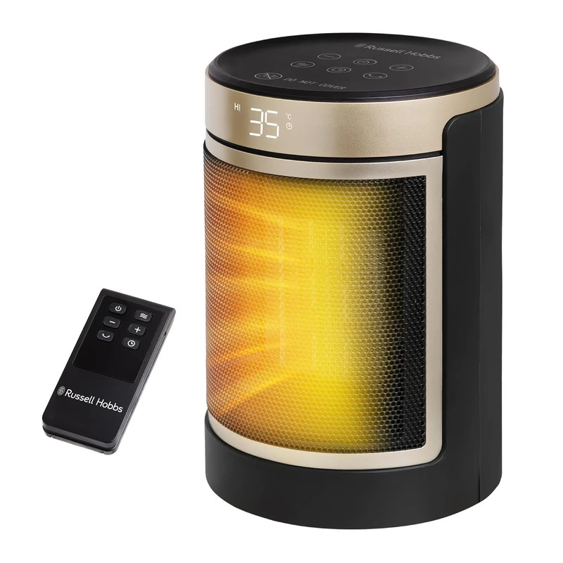 Russell Hobbs Space Heater in Black & Gold 1500W Silent Portable Oscillating Ceramic Round Electric Heater, Low Energy Digital Display, 4 Modes, 24hr Auto Timer, Overheat Protection, RHCH2002G