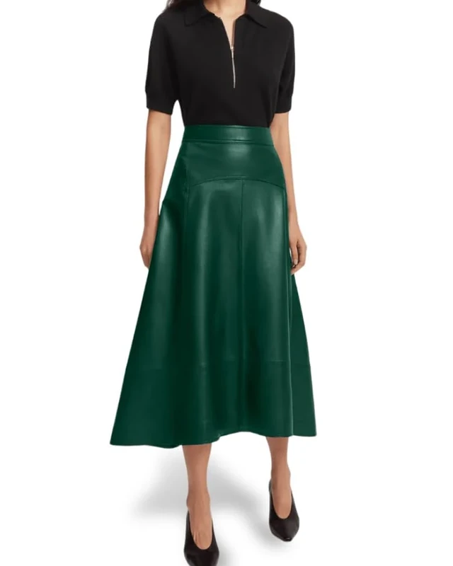 Jild Real Lambskin Leather Skirts for Women High Waist Classical Mid Length Going Out Skirt with Stylish Patchwork, Green, S