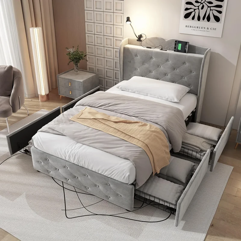 Merax Upholstered Single Bed, 3FT Bed Frame with Storage and Lamp, 4 Drawers on Wheels, 4 USB Charging Port, Soft Headboard, No Mattress, Velvet, Grey, 90x190cm
