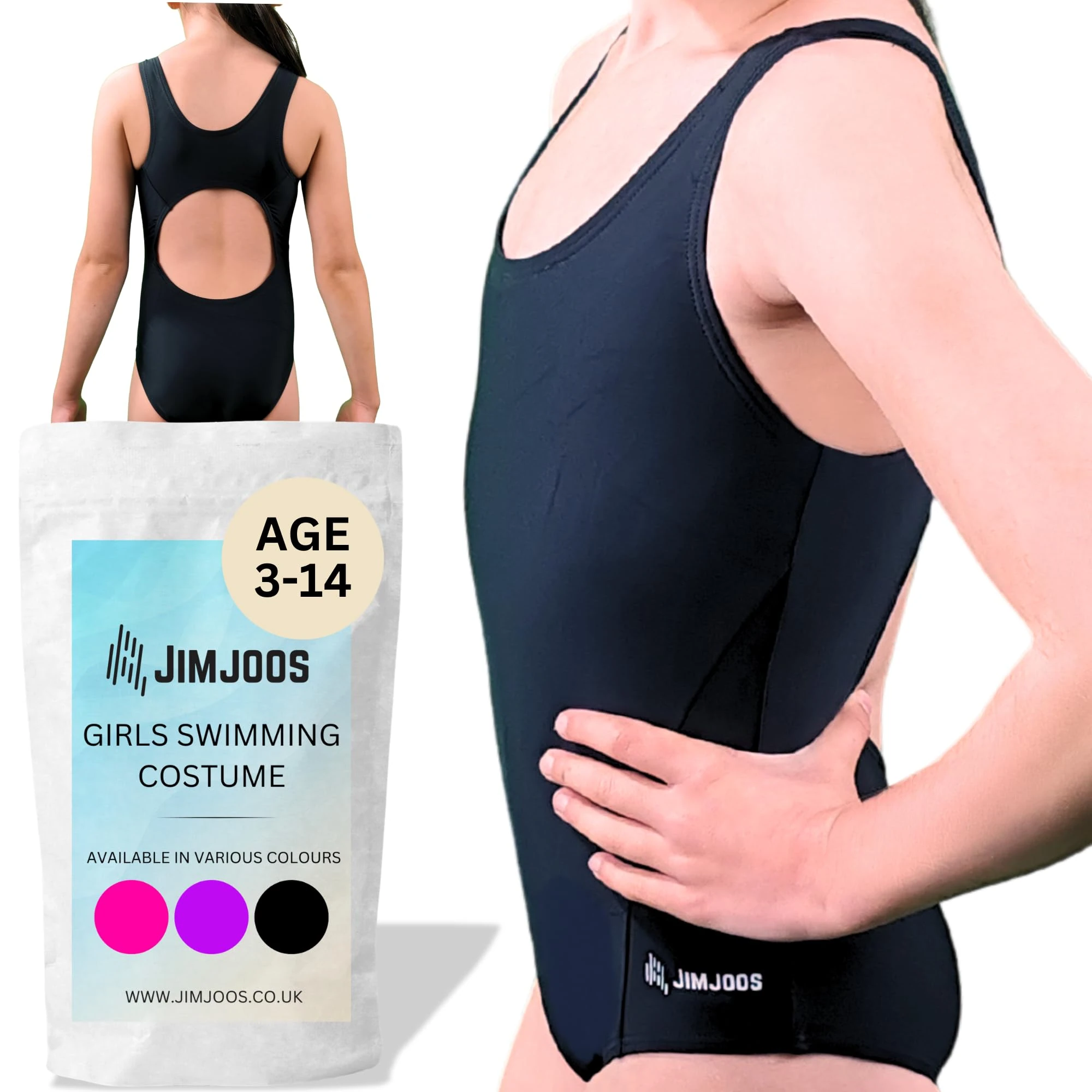 JIMJOOS 3-14 Years One Piece Girls Swimming Costume - Non See Through Kids Swimsuit - Quick Dry Racerback Children Swimwear Ideal for Swimming, Beach and Water Sports Activities (3-4 Years, Black)