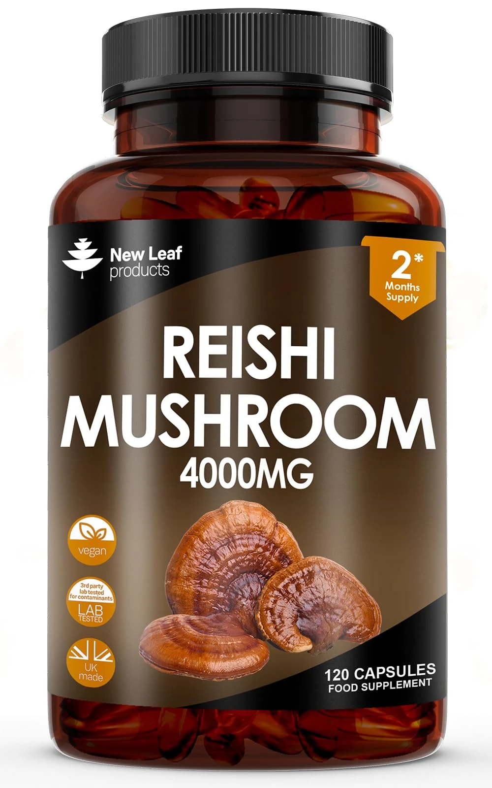 Reishi Mushroom Capsules - High Strength 4000mg Mushroom Supplements - 120 Vegan Mushroom Powder Capsules - Reishi Supplement 100% from The Fruiting Body Made in UK by New Leaf