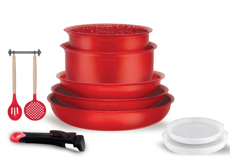 Arthur Martin, AMR41, 10-Piece Aluminum Cookware Set with Grip Coating, 20-22-26 cm Frying Pans, 16-18 cm Saucepans, Airtight Lid, 2 Utensils, Red