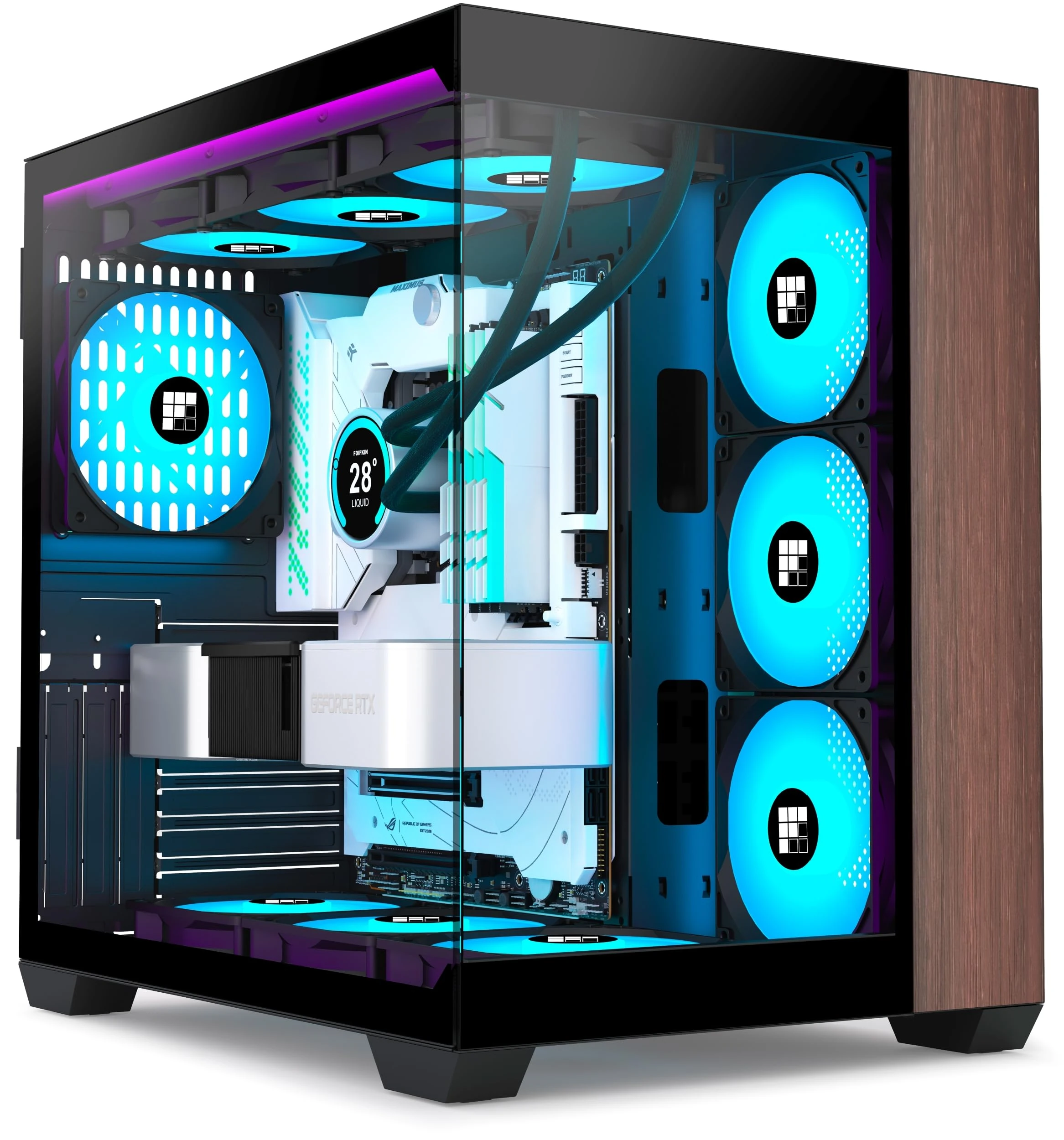 FOIFKIN M9 PC Case -Walnut front panel, Pre-Installed 3 PWM ARGB Fan, ATX Mid-Tower Gaming PC Case, 270° Panoramic Glass with Type-C (Black, M9)