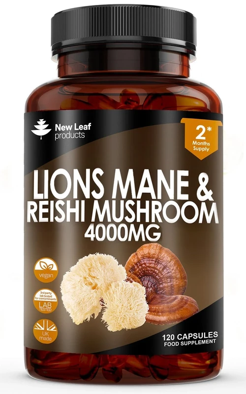 Lions Mane Capsules 4000mg + Reishi Mushroom - Lions Mane Supplement High Strength Supplement - 120 Vegan Lion Mane Powder Capsules - Made in UK by New Leaf