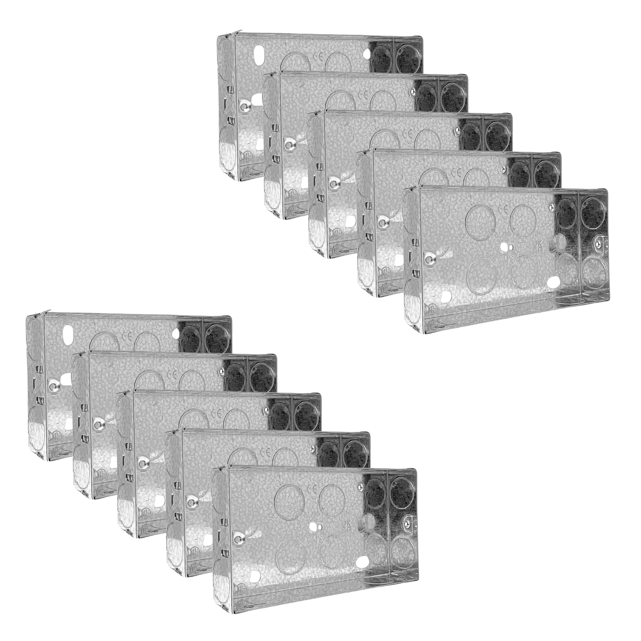 Evoges Double Metal Back Box, 25mm, 2 Gang, 1.0mm Thickness for Electrical Sockets Switches, BS4662 Standard, 20mm Knockouts, Adjustable Lug, Brass Terminal (10)