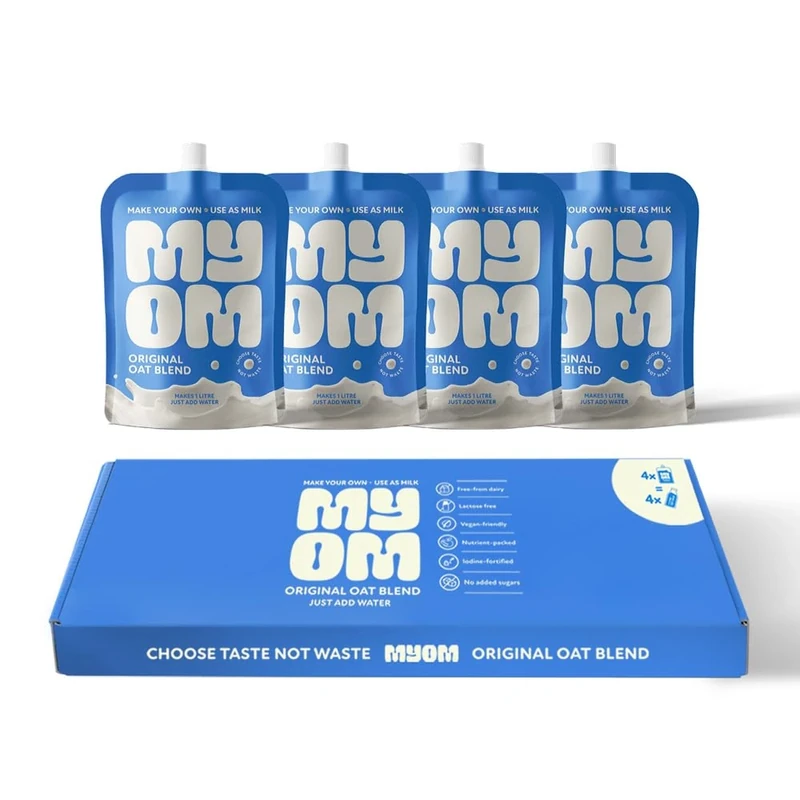 MYOM - Oat Milk Drink - Makes 4 Litres - 4 Pouches x 130g - Vegan Plant Based with Vitamin D3, Vitamin B12 and Iodine - Low Sugar, Great Taste - Dairy Free Plant-Based Milk