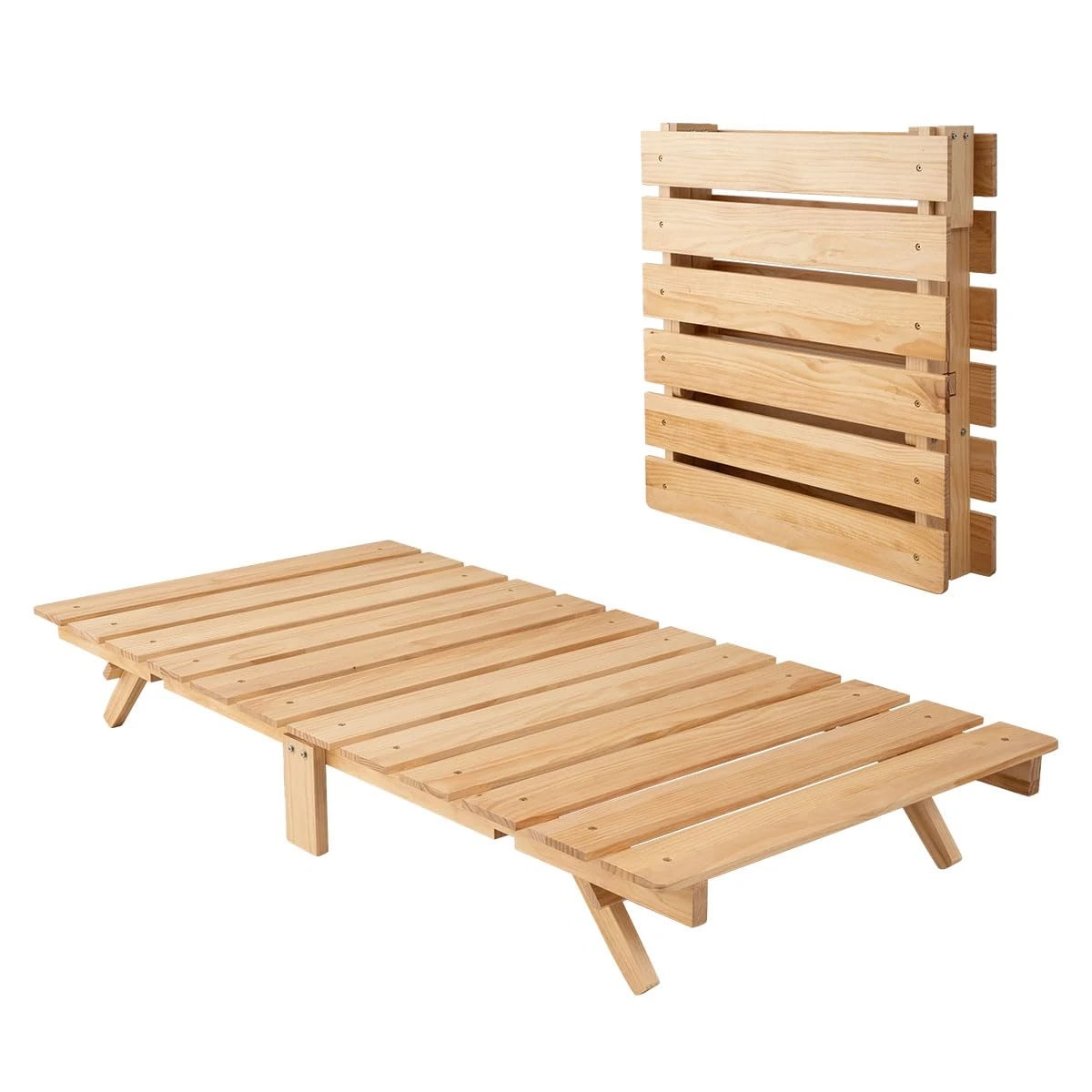 EMOOR OSMOS Folding Bed Frame 97 x 197 cm Solid Pine Wood (Earth-Natural), Easy to Assemble, Save Space, Storable Tatami