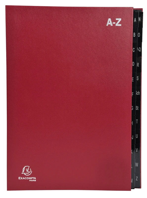 Exacompta - Ref 57225E - Box of 8 Ordonator File Boxes - Hard Cover - Recycled Card Inside - Alphabetical Laminated tabs from A to Z - 24 compartments - Size 24 x 34 cm - red