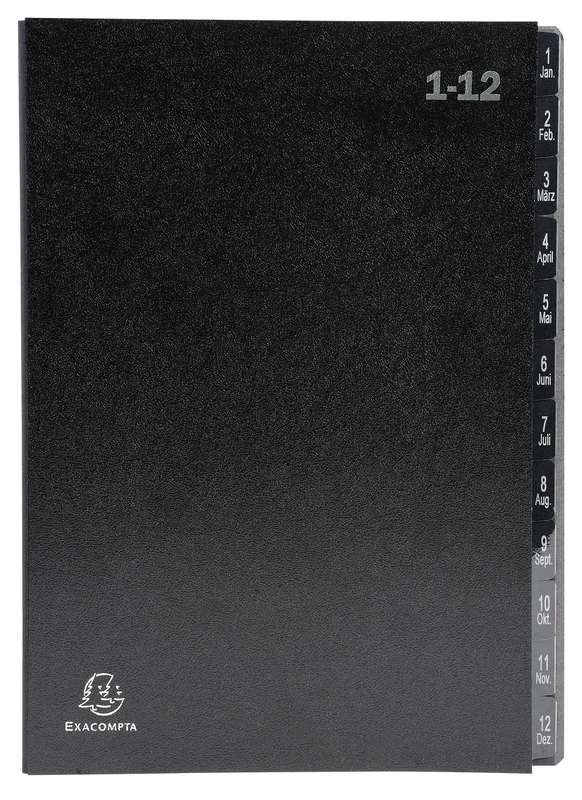Exacompta - Ref 57012E - Box of 12 Ordonator File Boxes - Hard Cover - Recycled Card Interior - Digital Laminated tabs from 1 to 12-12 compartments - Size 25x33cm - for A4 - Black