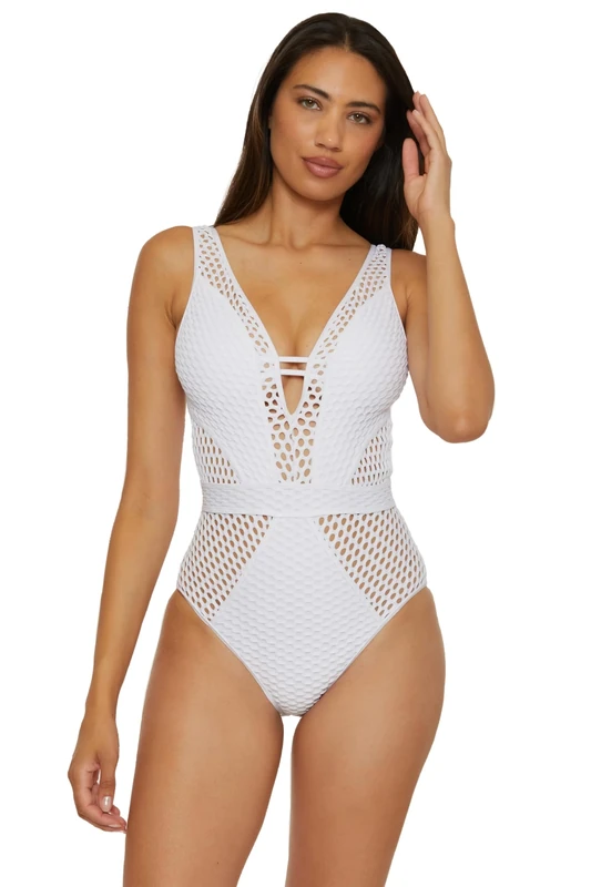BECCA Color Play One Piece Swimsuit - Plunge Neck Crochet White