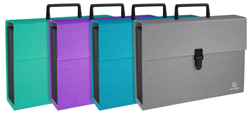 Exacompta - Ref 56750E - Box of 4 File Cases with Handle - Teksto Coated Textile Paper Cover - 18 compartments - Clip Button Closure - 32 x 24 cm for A4 Size - Assorted