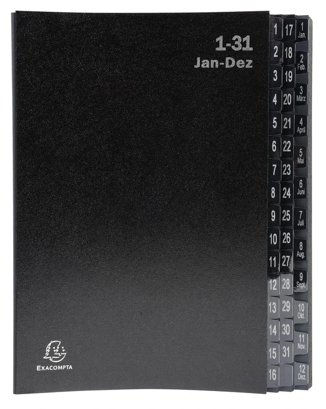 Exacompta - Ref 57044E - Box of 4 Ordonator File Boxes - Hard Cover - Recycled Card Interior - alphanumeric Laminated tabs from 1 to 31 and from A to Z - 32 compartments - 24x34 cm - Black