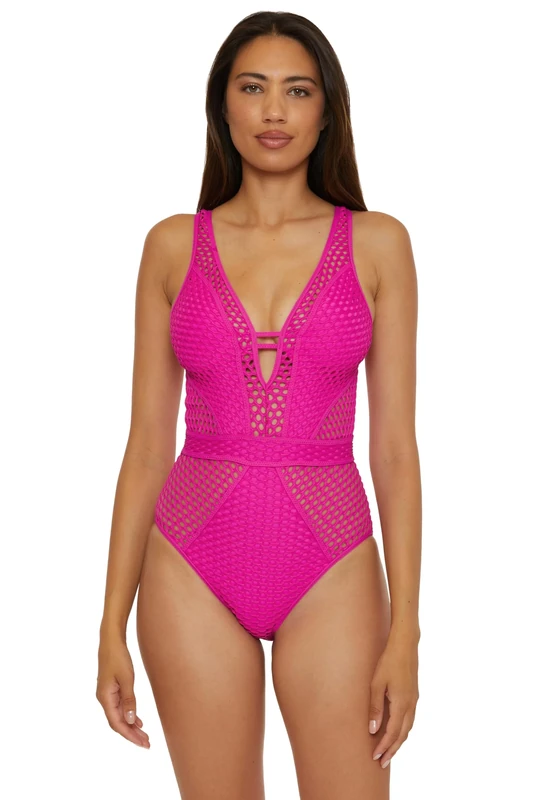BECCA Women's Color Play One Piece Swimsuit, Plunge Neck, Crochet, Bathing Suits, Azalea, S