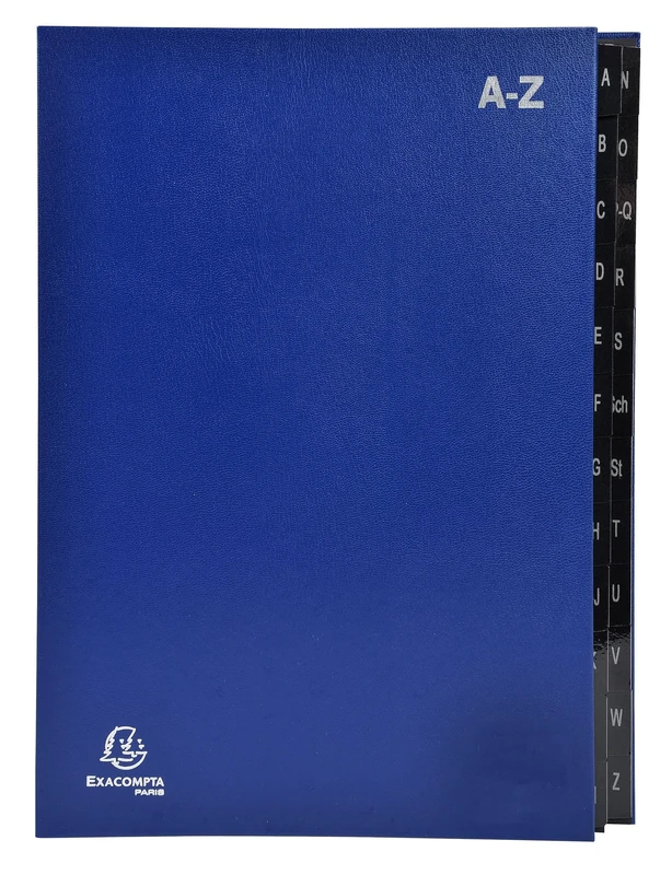 Exacompta - Ref 57222E - Box of 8 Ordonator File Boxes - Hard Cover - Recycled Card Inside - Alphabetical Laminated tabs from A to Z - 24 compartments - Size 24 x 34 cm - Blue Colour