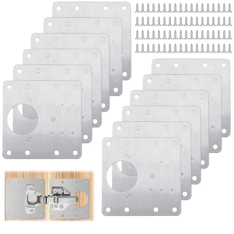 Selutiya 12PCS Hinge Repair Plate Kit with 80 Screws - Stainless Steel