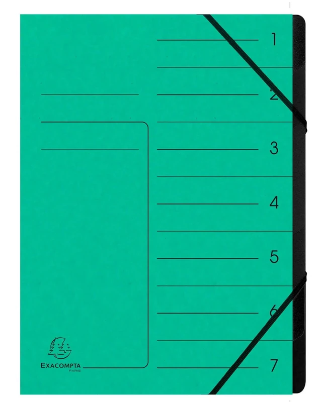 Exacompta - Ref 540703E - Box of 10 File folders with stapled Back - with Elastic Bands - Printed Cover in Glossy Card and Black Recycled Card Interior - 7 compartments - 24.5X 32cm - for A4 - Green