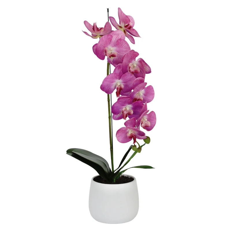 Elegant Large Single Stem Purple Real Touch Artificial Potted Orchid (65cm) in Round White Ceramic Pot