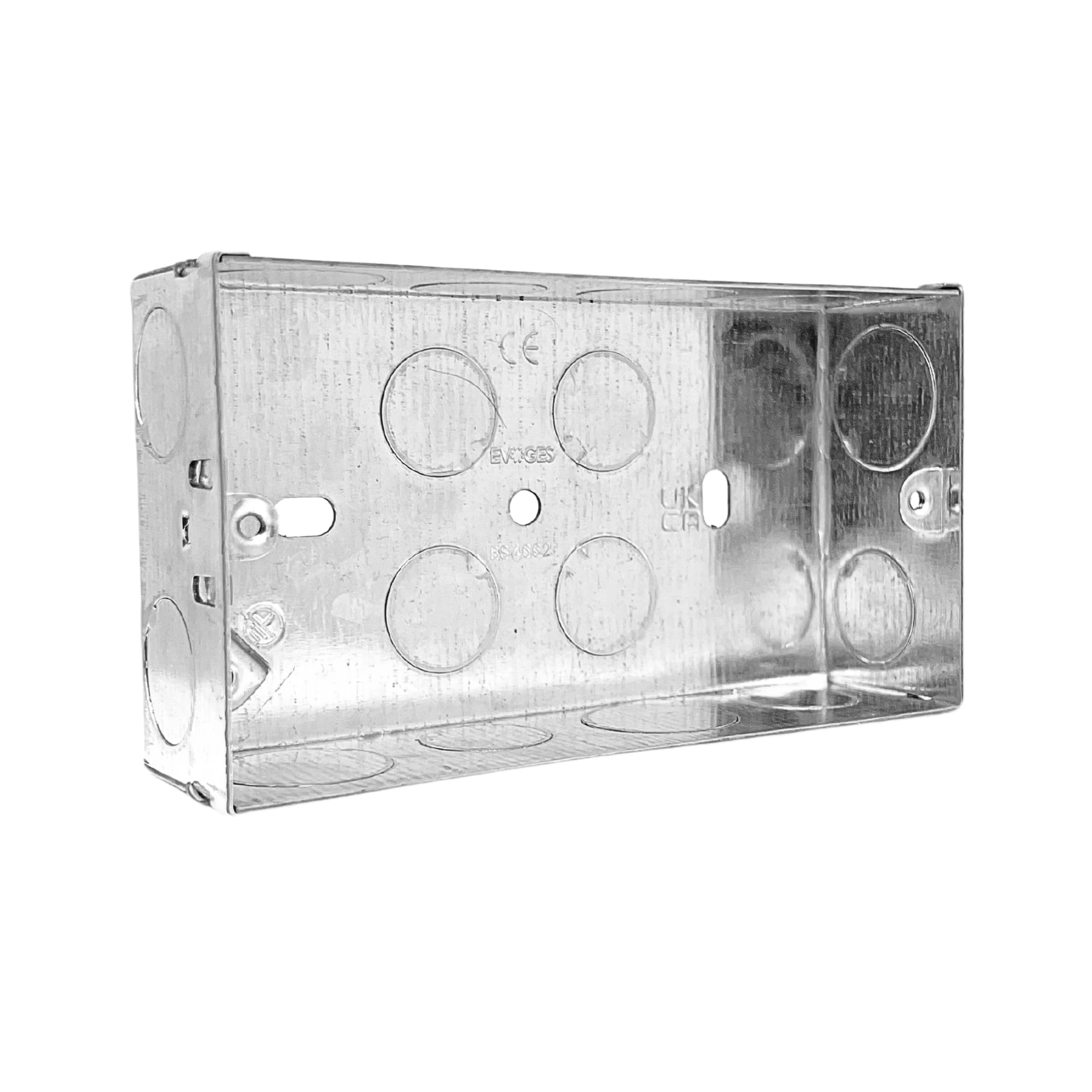 Evoges Double Metal Back Box, 35mm, 2 Gang, 1.0mm Thickness for Electrical Sockets Switches, BS4662 Standard, 20mm & 25mm Knockouts, Adjustable Lug, Brass Terminal (1)