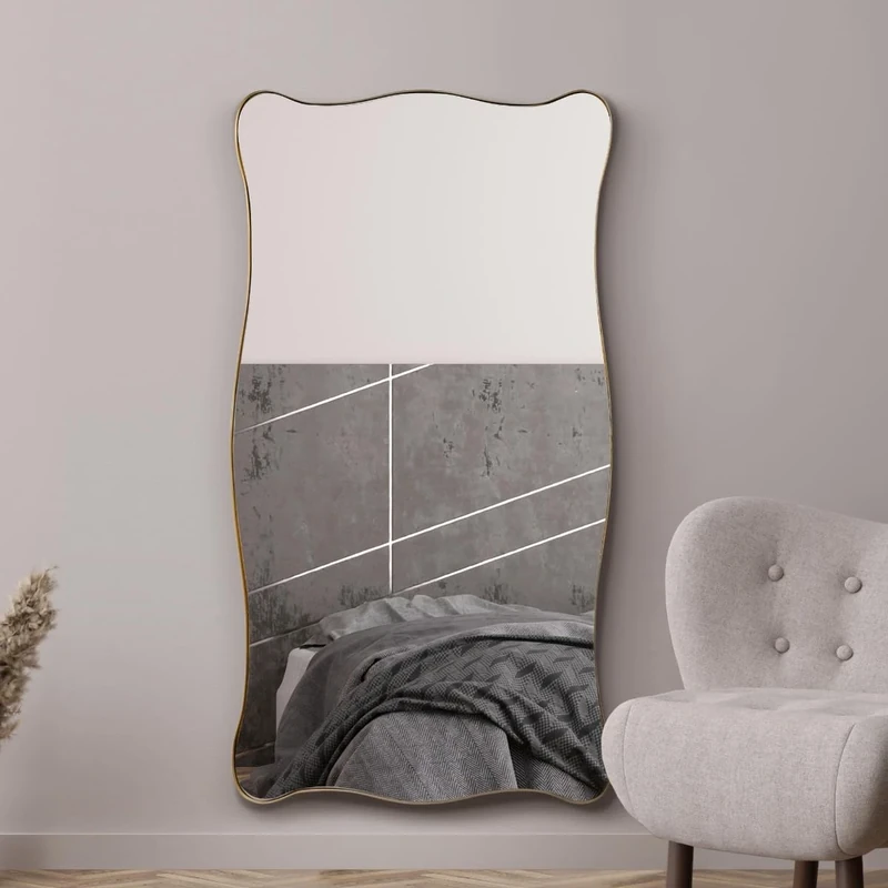 MirrorOutlet The Fluctus - Gold Metal Wavy Tray Frame Rectangular Wall Mirror 71" X 39" (180CM X 100CM) Silvered Mirror Glass. Extra Large