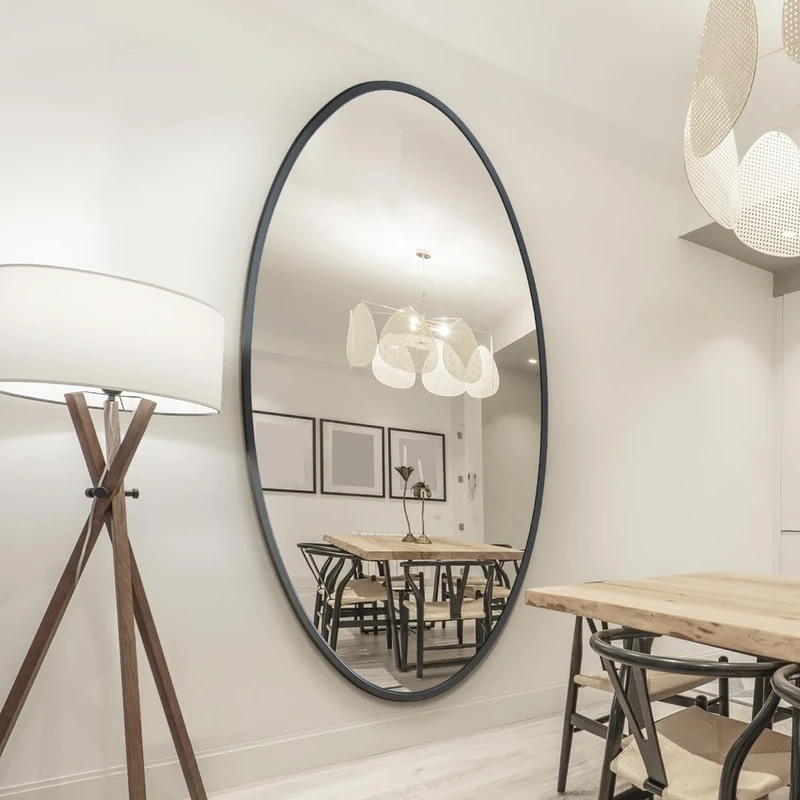 MirrorOutlet The Ovale - Large Black Framed Oval Pond Wall Mirror 79" X 44" (200cm X 112cm) Silver Mirror Glass On A Black Backing.