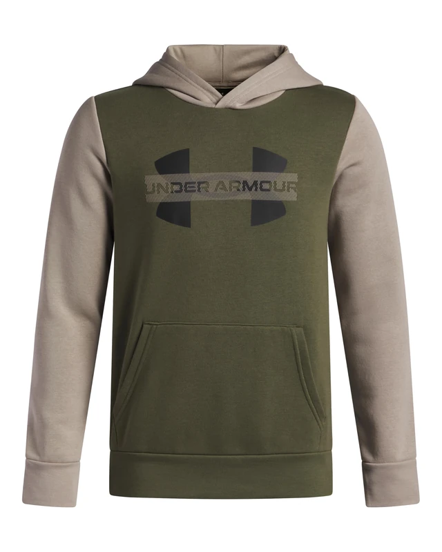 Under Armour Boys' Rival Fleece Colourblock Graphic Hoodie, Comfortable and Warm Boys' Hoodie with Raglan Sleeves, Hooded Top for Sports and Casual Wear,Marine OD Green/Timberwolf Taupe/Black,YLG