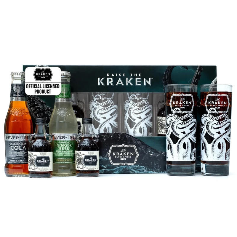The Kraken Experience, Spiced Rum Gift Set - 2x 5cl Black Spiced Alcohol Miniatures, 2x Kraken Glass and Fever Tree Ginger Beer & Cola 2x 200ml - Cocktail Rum Gifts for Men, Dad, Birthday, Christmas