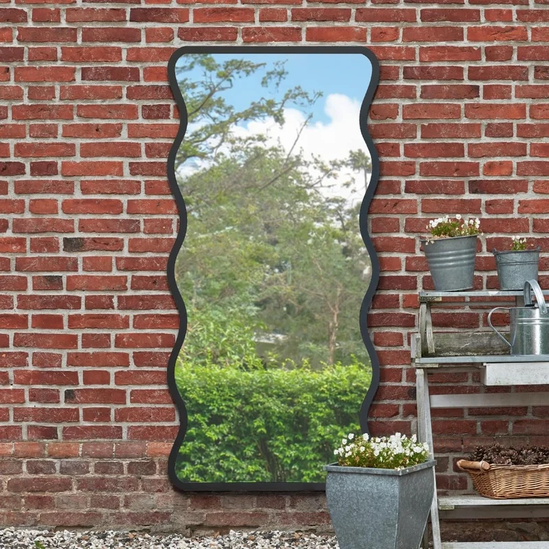 MirrorOutlet The Fluctus - Black Metal Wavy Framed Rectangular Garden Wall Mirror 67" X 31" (170CM X 80CM) Silvered Mirror Glass. Extra Large. Landscape or Portrait