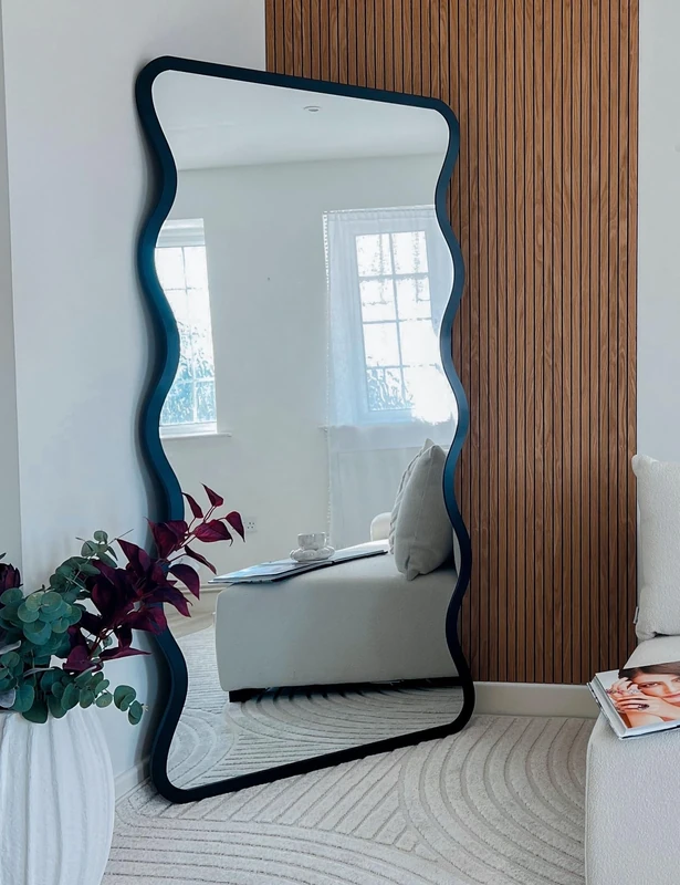 MirrorOutlet The Fluctus - Black Metal Wavy Framed Rectangular Wall Mirror 67" X 31" (170CM X 80CM) Silvered Mirror Glass. Extra Large. Landscape or Portrait