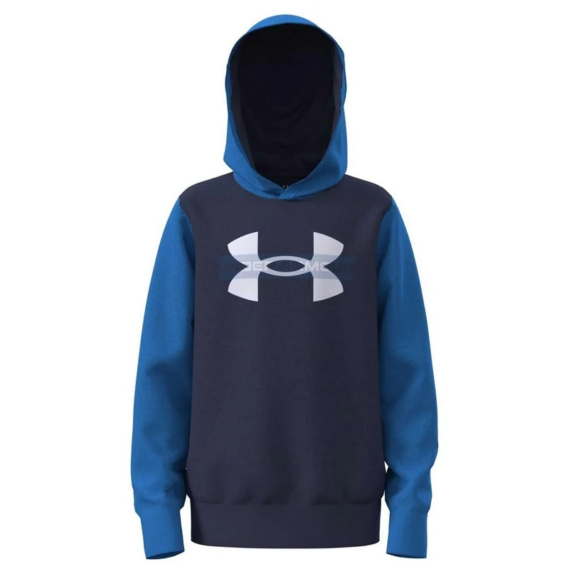 Under Armour Boys' Rival Fleece Colourblock Graphic Hoodie, Comfortable and Warm Boys' Hoodie with Raglan Sleeves, Hooded Top for Sports and Casual Wear,Blue Atlantis/Washed Navy/White,YLG