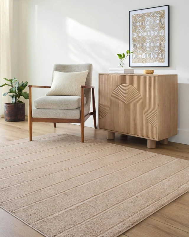 Livabliss x Our PNW Home Cascade Minimalist Striped Area Rug, 5'3" x 7', Taupe