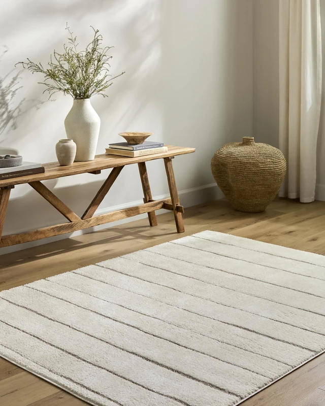 Livabliss x Our PNW Home Cascade Minimalist Striped Area Rug, 6'7" x 9', Striped Ivory/Taupe