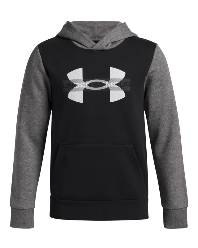 Under Armour Boys' Rival Fleece Colourblock Graphic Hoodie, Comfortable and Warm Boys' Hoodie with Raglan Sleeves, Hooded Top for Sports and Casual Wear,Black/Castlerock Light Heather/White,YLG