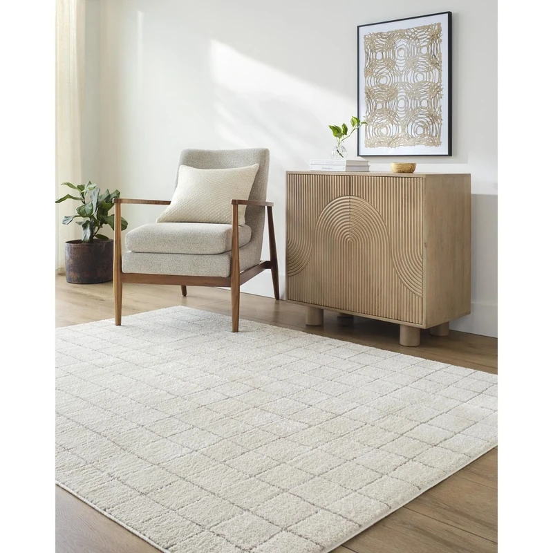 Livabliss x Our PNW Home Cascade Minimalist Grid Area Rug, 5'3" x 7', Grid Ivory/Taupe