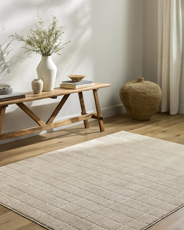 Livabliss x Our PNW Home Cascade Minimalist Grid Area Rug, 5'3" x 7', Light Beige