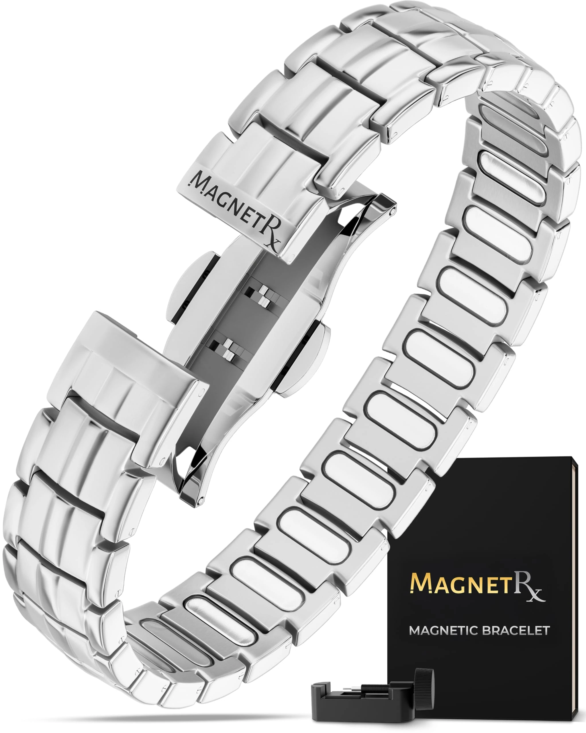 MagnetRX® Magnetic Bracelets for Men - EllipseMAX 5X Strength 5,000 Gauss Magnets - Designed in USA & Patent Approved - Premium Titanium Mens Magnetic Bracelet & Adjustable Length (Silver)