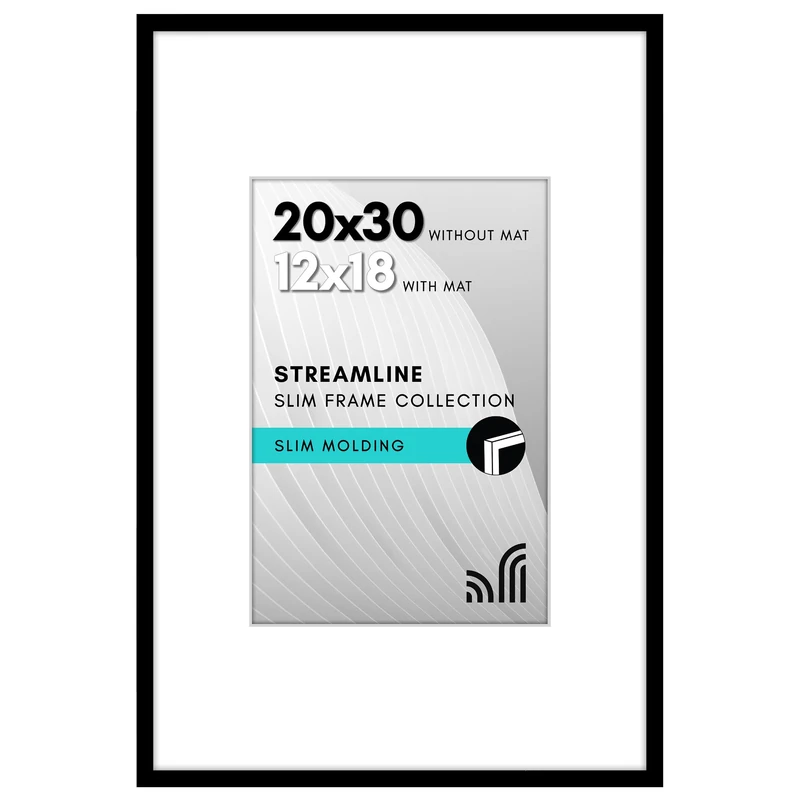 Americanflat 20x30 Poster Frame with Polished Plexiglass - Use as 12x18 Frame with Mat or 20x30 Frame Without Mat - Streamline Collection - Thin Picture Frame for Wall Display - Black