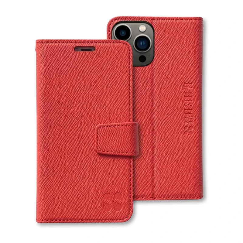 SafeSleeve EMF Protection Anti Radiation for iPhone 16 Pro Case, RFID EMF Blocking, Card Holder Wallet, Vegan Leather, Adjustable Stand Cell Phone Case, for Women & Men (Red)