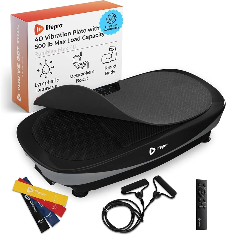 LifePro Rumblex Max 4D Black Vibration Plate Exercise Machine with Loop Resistance Bands - Full Body Workout Equipment for Home Fitness, Shaping, Training, Recovery, Weight Loss