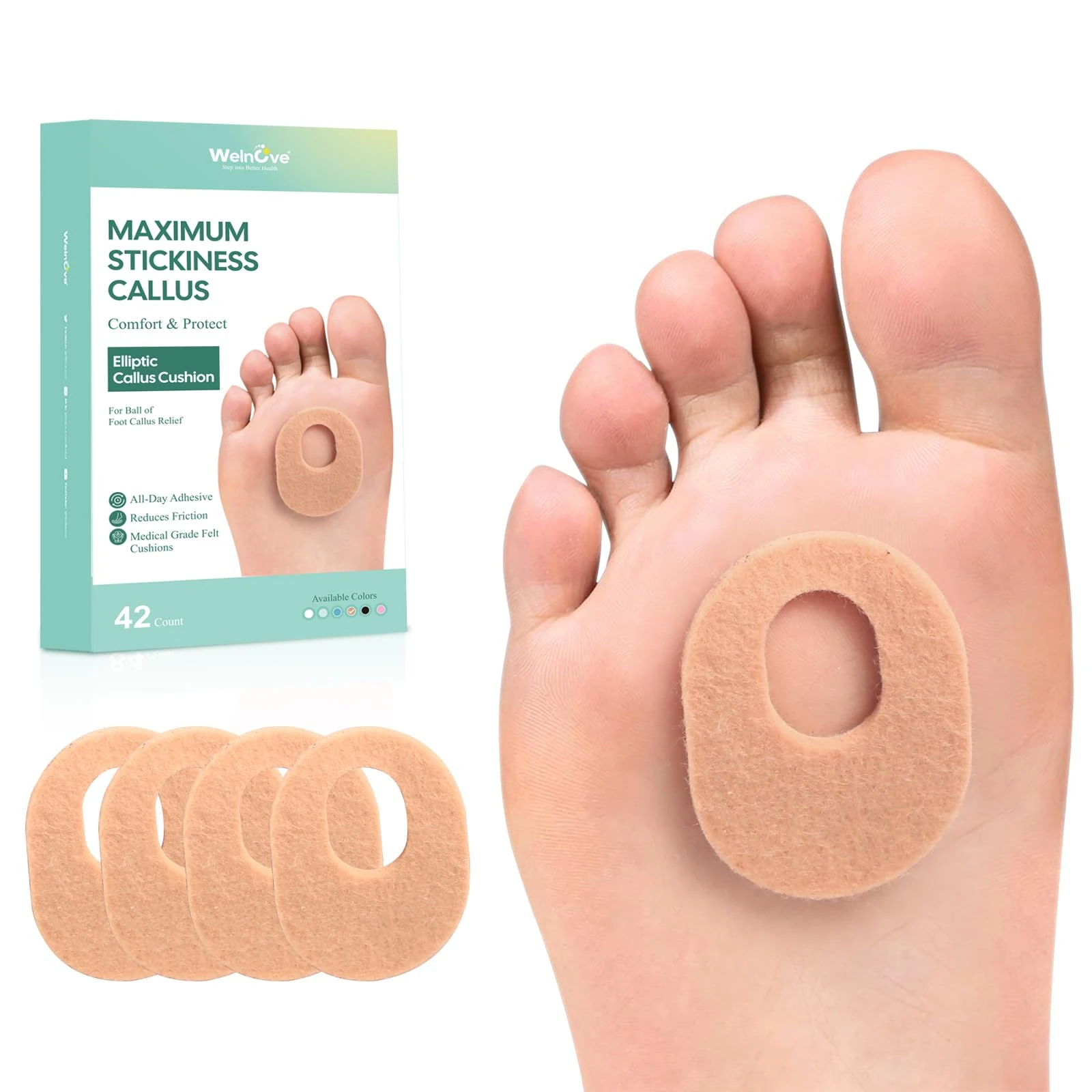 Welnove 42pcs Callus Pad with Water-Resistant Self-Stick Adhesive, Protects Foot, Heel and Toes from Rubbing and Friction,Oval Shape Design,Reduce Pressure and Friction from Shoes Rubbing-Skin Color