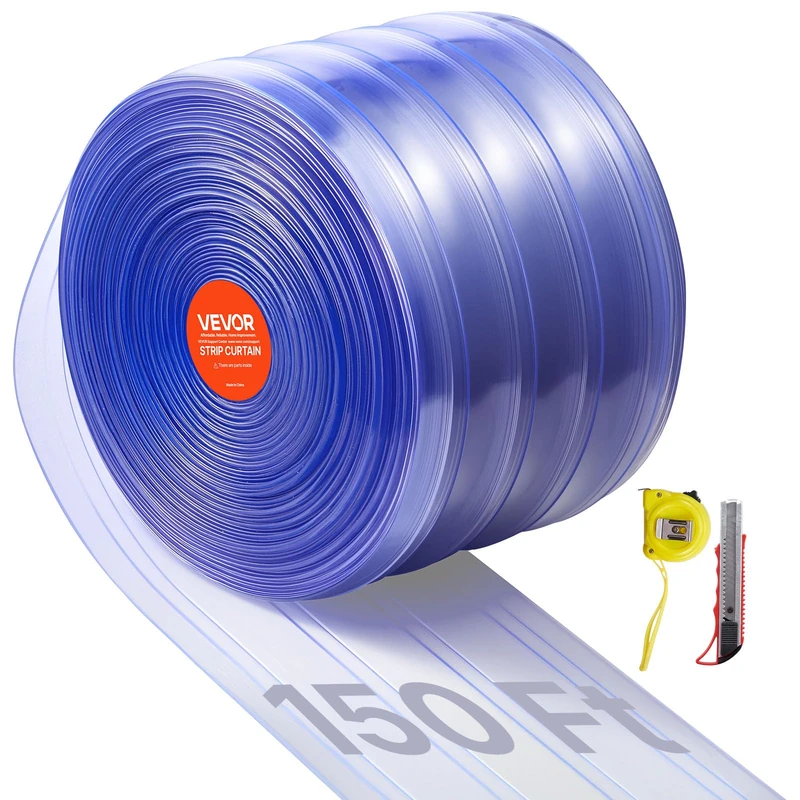 VEVOR Clear PVC Strip Curtain, 45.7 m Length x 20 cm Width, Ribbed Plastic Door Strip Bulk Roll, Walk in Freezer Cooler Curtain Strips for Doorways of Supermarket, Garage, Warehouse, Pet Animal House - Image 1