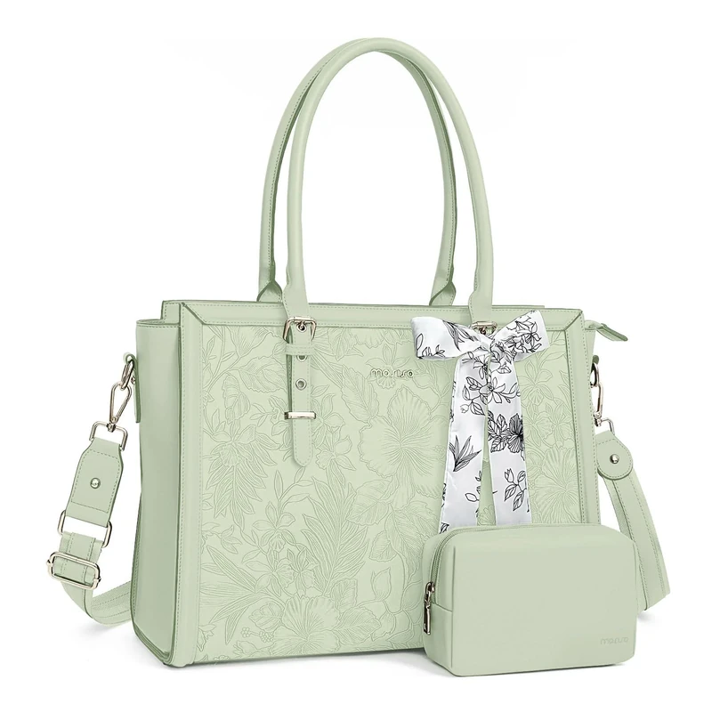 MOSISO Laptop Bag for Women, 17-17.3 inch PU Leather Tote Bag Compatible with MacBook, HP, Dell, Asus Notebook, Front Embossed Retro Hibiscus Computer Bag with Silk Scarf&Clutch Purse, Sage Green