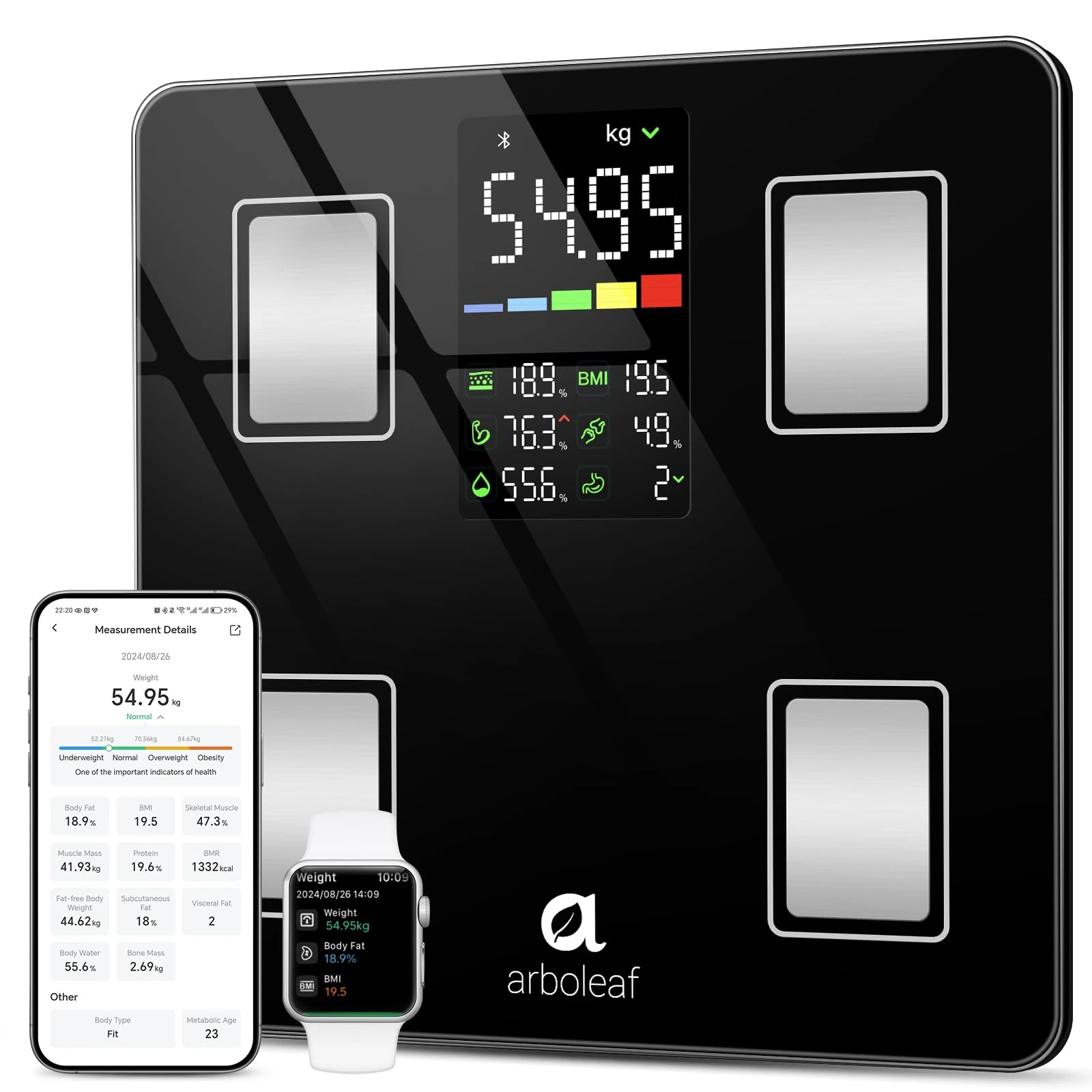 Smart Bathroom Scales, arboleaf Bluetooth Scales for Body Weight Weighing Scales with APP, High Precision Body Fat Scales Digital for BMI Muscle 14 Body Composition Analyzer, 400lb/180kg