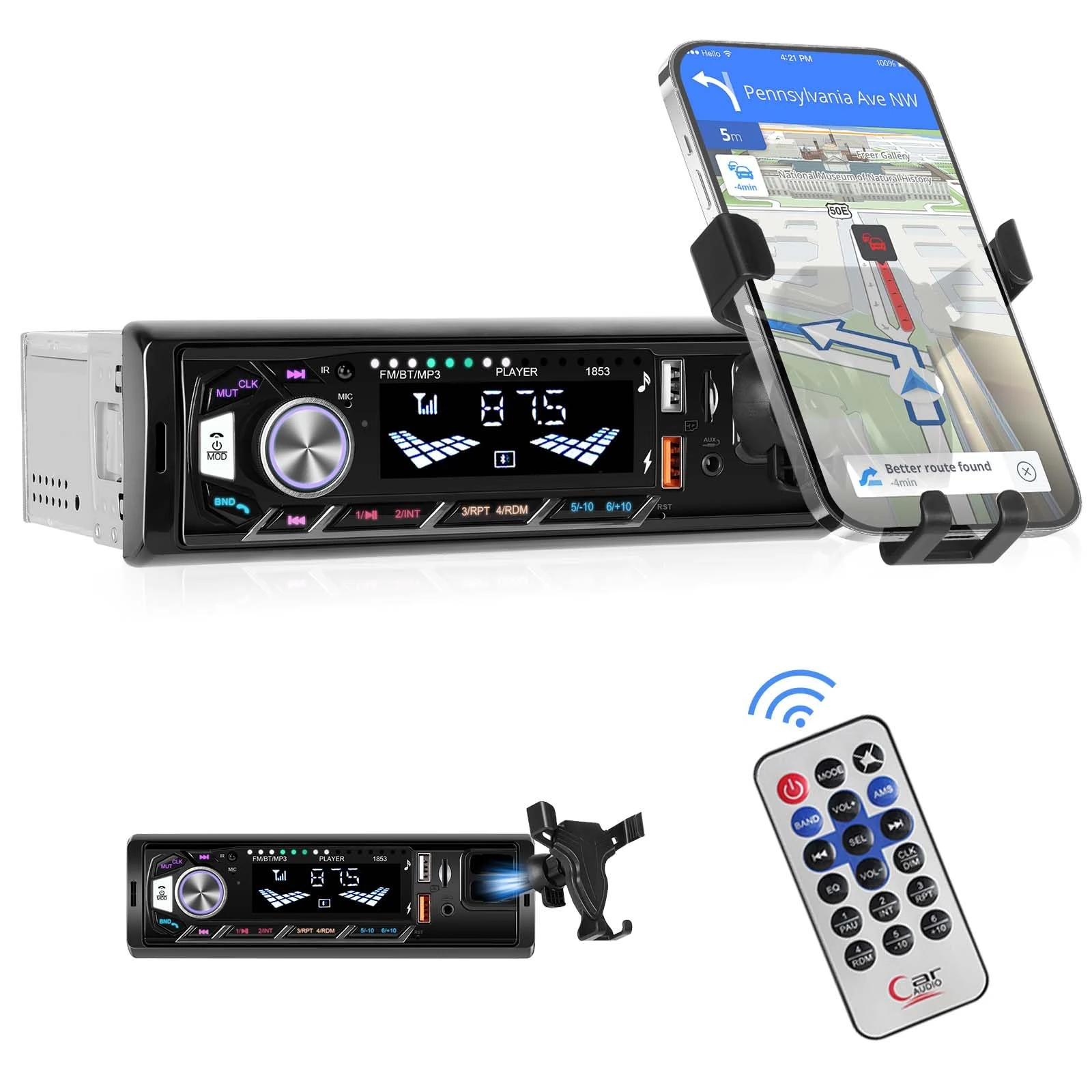 Single Din Car Stereo with Mobile phone holder Bluetooth 5.0 Hands Free Calling FM Car Radio Car Mp3 Player USB AUX Port Remote Control 7 Color Light Car Audio System Car Stereo Receiver