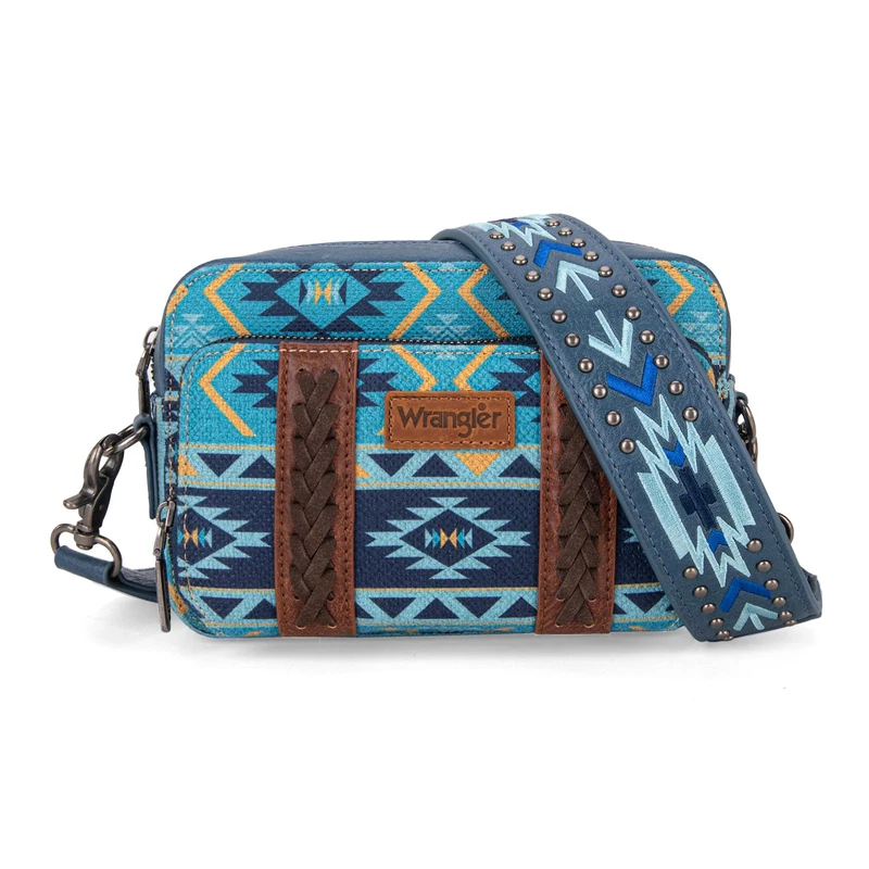 Wrangler Crossbody Bag for Women Boho Aztec Small Multi Pocket Crossover Purse, Angel Diamond Navy With Adjustable Strap