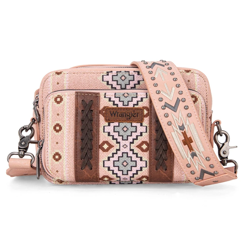 Wrangler Crossbody Bag for Women Boho Aztec Small Multi Pocket Crossover Purse, Pink With Adjustable Strap, Small