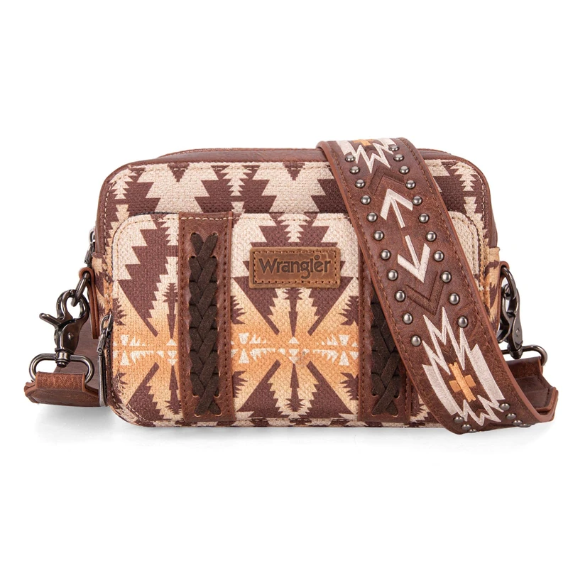 Wrangler Crossbody Bag for Women Boho Aztec Small Multi Pocket Crossover Purse, Angel Diamond Camel With Adjustable Strap - Image 1