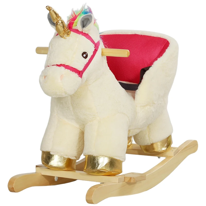 AIYAPLAY Rocking Horse, Unicorn Rocking Horse with Realistic Sounds, Safety Belt, Wooden Base, Plush Ride on Unicorn, for Ages 18-36 Months, Cream White